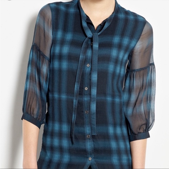 Burberry Brit Petrol Blue Checkered Sheer Silk Blouse Size XS - Picture 3 of 9